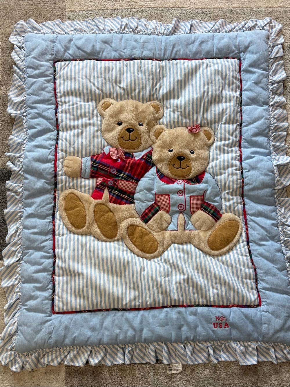 Vintage NoJo USA Teddy Bear Baby Blanket Quilt Playmat Ruffle Blue Striped 90s